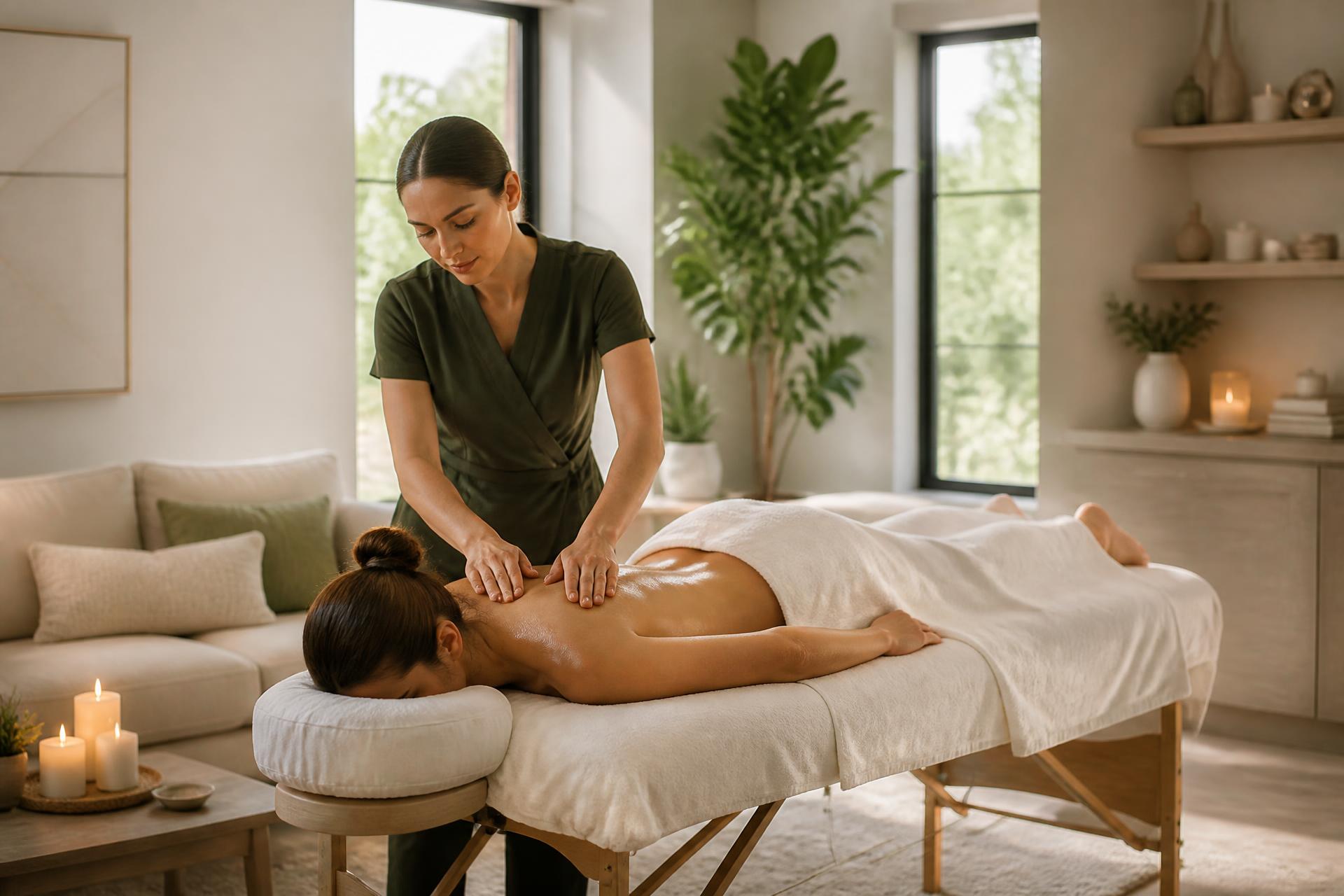 Professional massage therapy session in a sunlit modern home