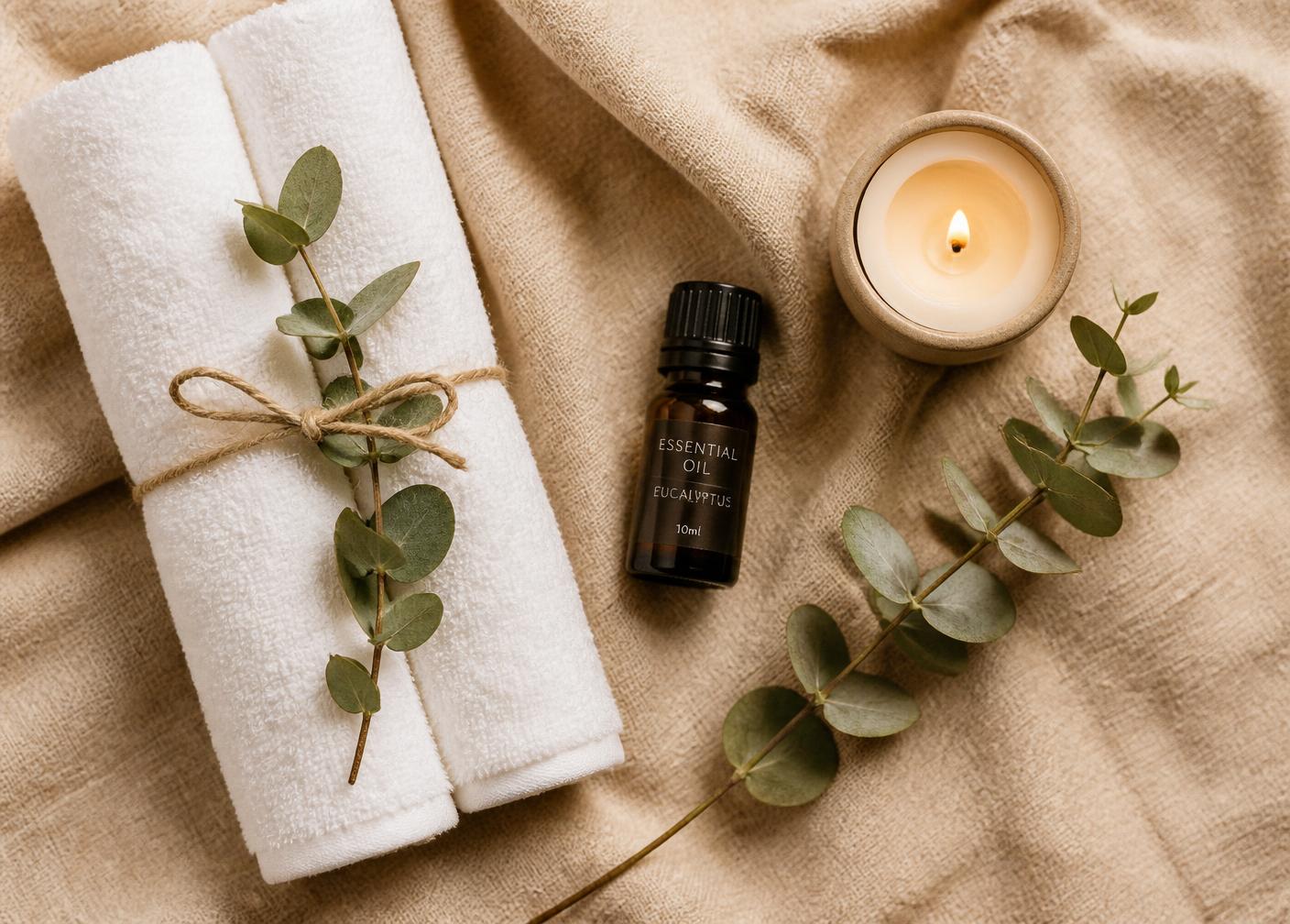 Rolled spa towels, essential oil and eucalyptus on warm linen
